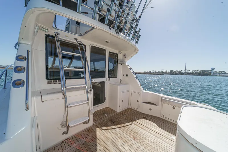 Lil' Breezy Yacht Photos Pics 2006 Riviera 33 Flybridge yacht deck with ladder, overlooking serene water and distant shoreline.