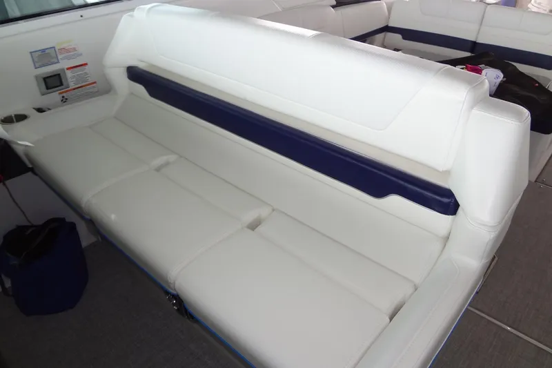 Master Plan Yacht Photos Pics 2023 Formula 380 Super Sport Crossover I/O interior seating, white and blue upholstery.