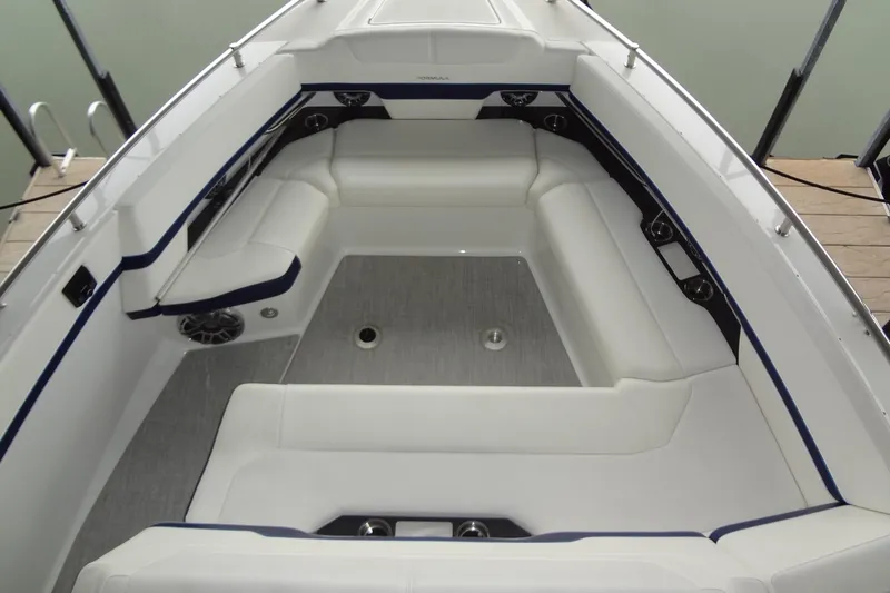 Master Plan Yacht Photos Pics 2023 Formula 380 Super Sport Crossover I/O boat interior with white seating and sleek design.