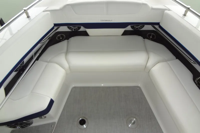 Master Plan Yacht Photos Pics 2023 Formula 380 Super Sport Crossover I/O boat interior with white seating and modern design.