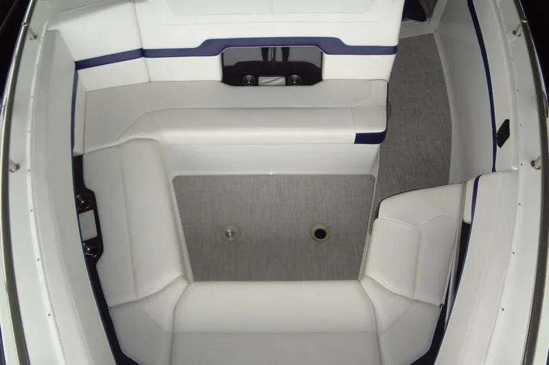 Master Plan Yacht Photos Pics 2023 Formula 380 Super Sport Crossover I/O boat interior with white seating and gray flooring.