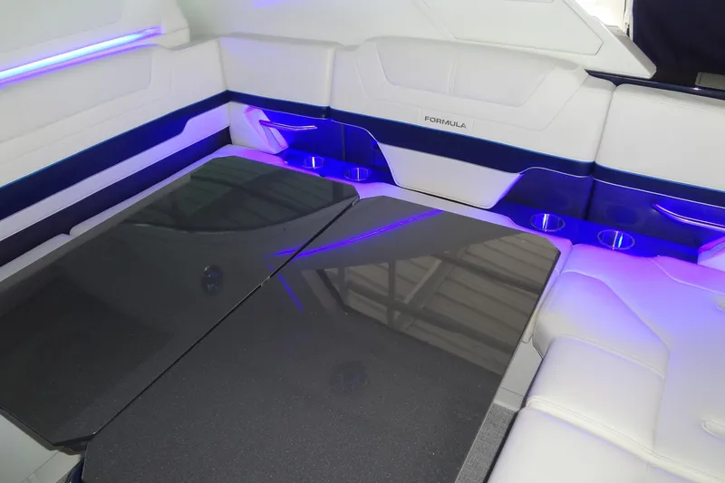 Master Plan Yacht Photos Pics 2023 Formula 380 Super Sport Crossover I/O interior with sleek seating and ambient lighting.