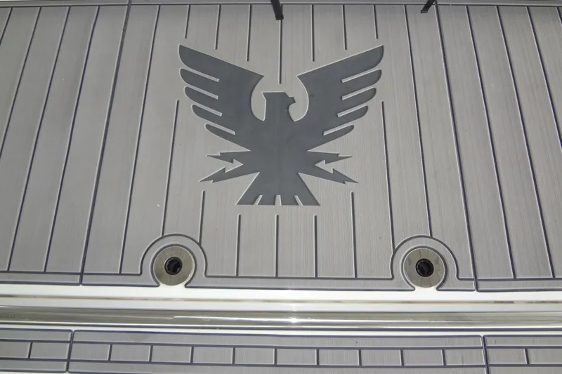 Master Plan Yacht Photos Pics 2023 Formula 380 Super Sport Crossover I/O deck with eagle emblem design.