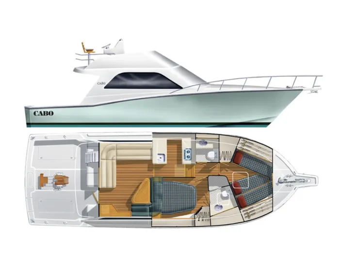 Cabo 43fb Yacht Photos Pics 2007 Cabo 43 FB yacht with detailed interior layout and side profile view.