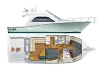 2007 Cabo 43 FB yacht with detailed interior layout and side profile view.