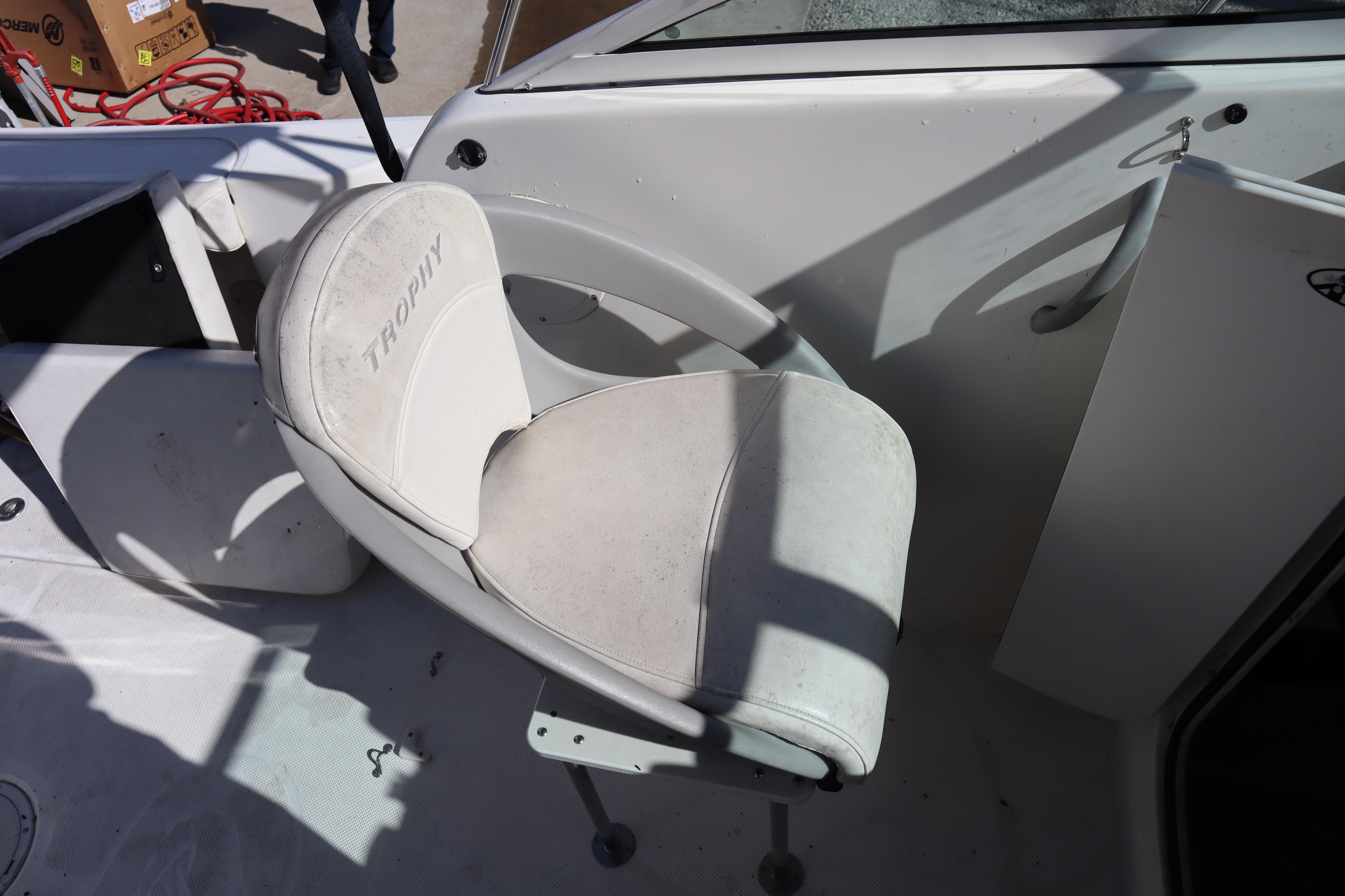 2008 Trophy 2102 Walkaround boat seat with "Trophy" branding, white upholstery.