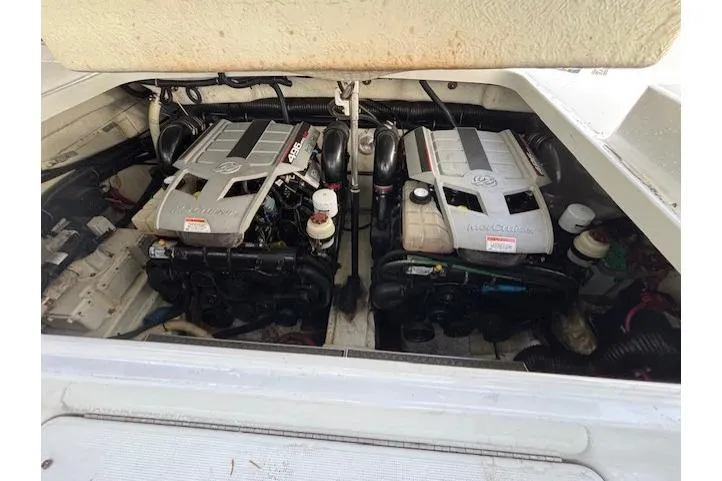  Yacht Photos Pics 2009 Formula 350 Sun Sport engine compartment with dual engines visible.