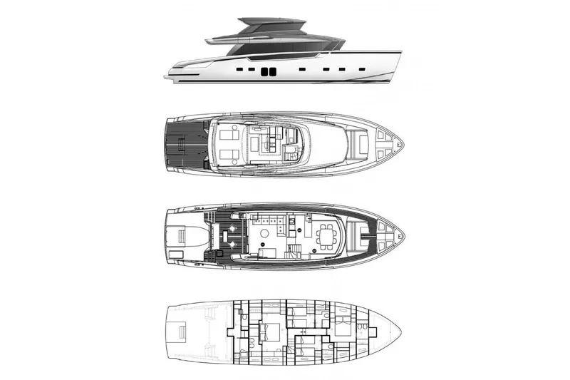  Yacht Photos Pics 2024 Sanlorenzo SX76 yacht with detailed floor plans and side profile view.
