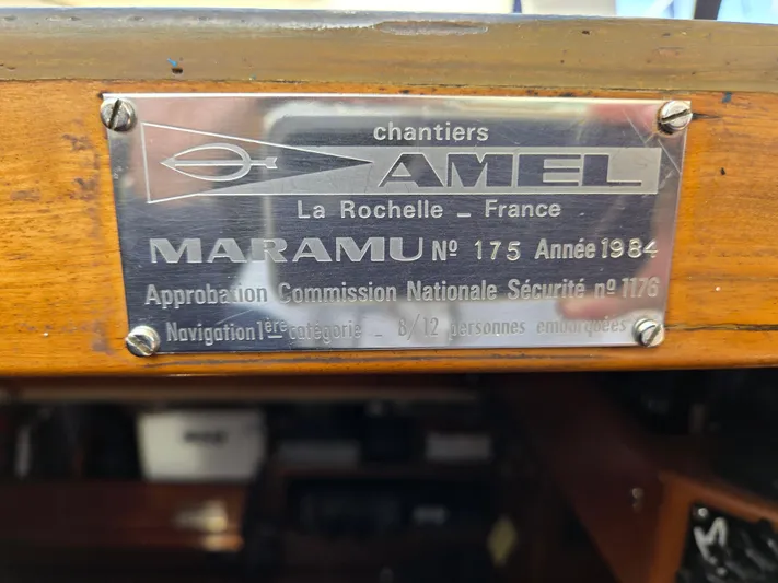 Bearaway Yacht Photos Pics Plaque on 1985 Amel Maramu sailboat, La Rochelle, France, first category navigation approval.