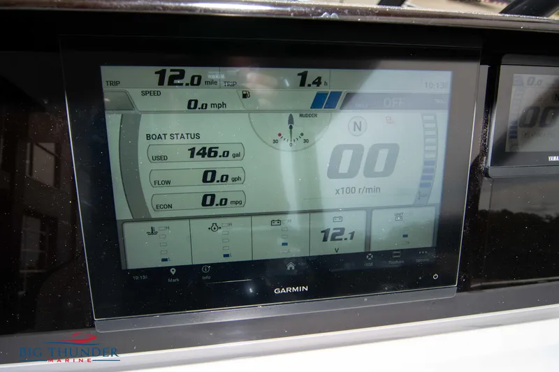  Yacht Photos Pics Garmin display on 2024 Jeanneau Leader 9.0 WA showing boat status and trip data.