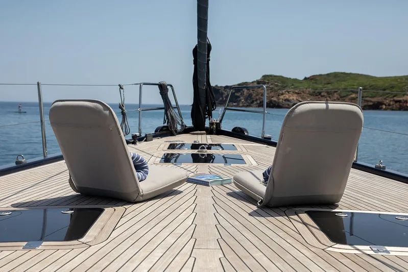 Caiarossa Yacht Photos Pics Luxurious Shipman 72 yacht deck with chairs, ocean view, and distant coastline, 2009 model.