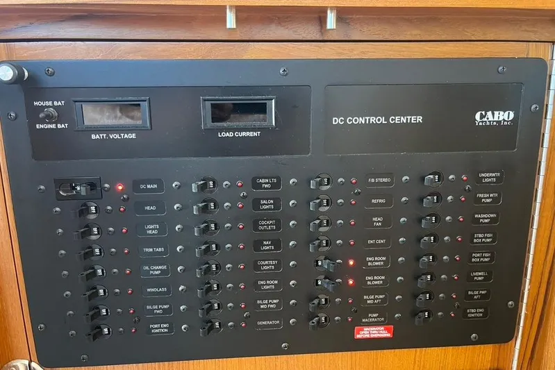 Assalt Weapon Yacht Photos Pics 2007 Cabo 35 Flybridge DC control panel with switches and indicators.