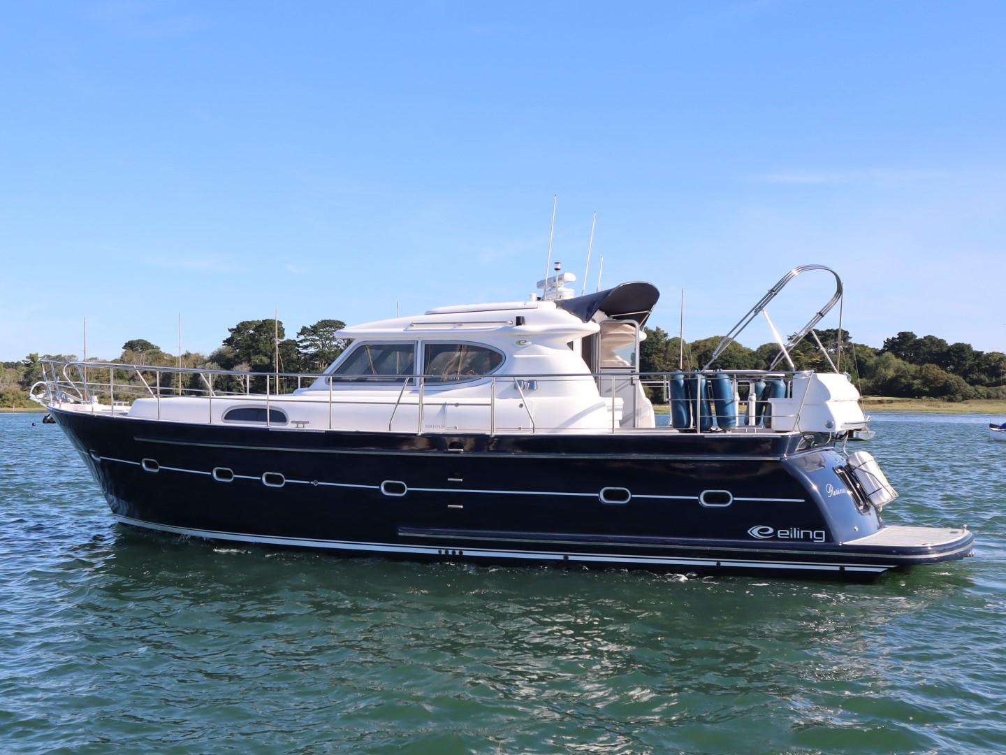 2017 Elling E4 Ultimate yacht on calm water, side view, clear sky background.