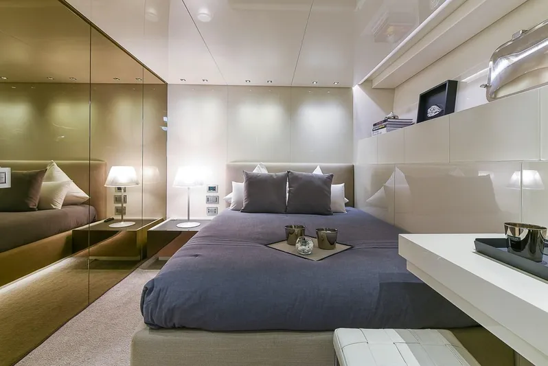 Musha Yacht Photos Pics Luxurious bedroom interior on 2012 Sanlorenzo 579 yacht, featuring modern design and elegant decor.