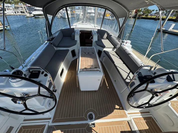  Yacht Photos Pics 2021 Jeanneau 51 yacht cockpit with dual steering wheels and spacious seating.
