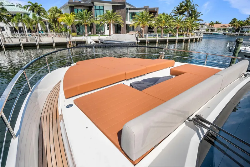 My Way Yacht Photos Pics Luxury 2023 Astondoa AS5 yacht with spacious sun deck in marina setting.