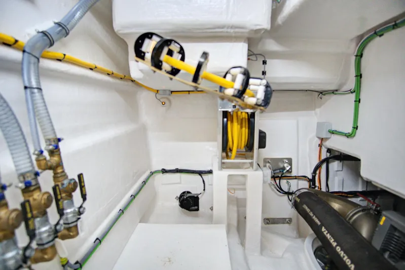 My Way Yacht Photos Pics Engine room of 2023 Astondoa AS5 yacht, showcasing cables and machinery.