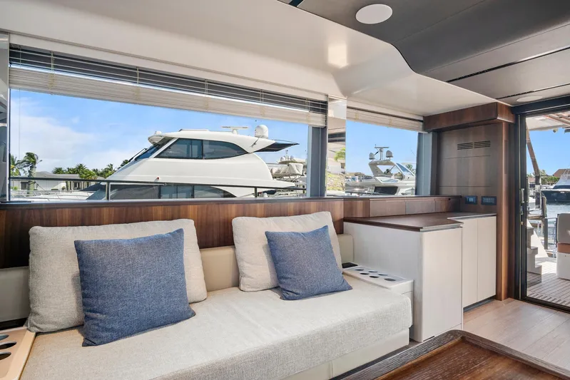 My Way Yacht Photos Pics Luxurious interior of 2023 Astondoa AS5 yacht with modern seating and large windows.