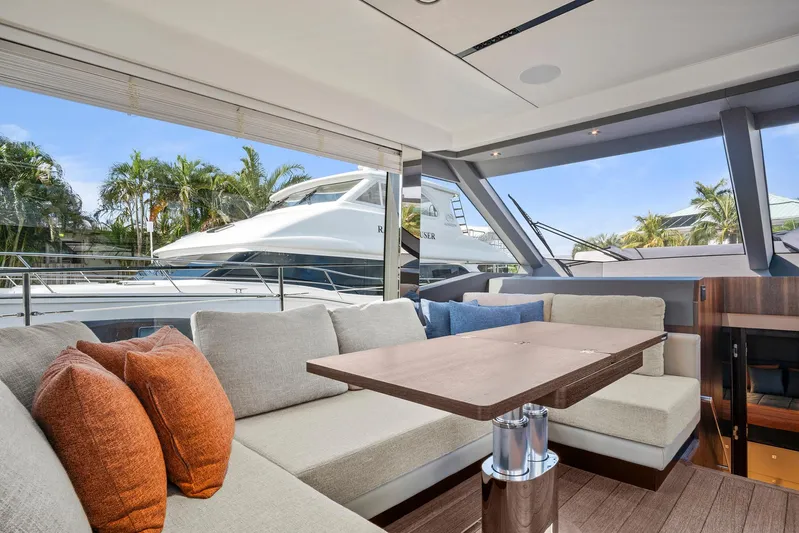 My Way Yacht Photos Pics Luxurious 2023 Astondoa AS5 yacht interior with elegant seating and table.