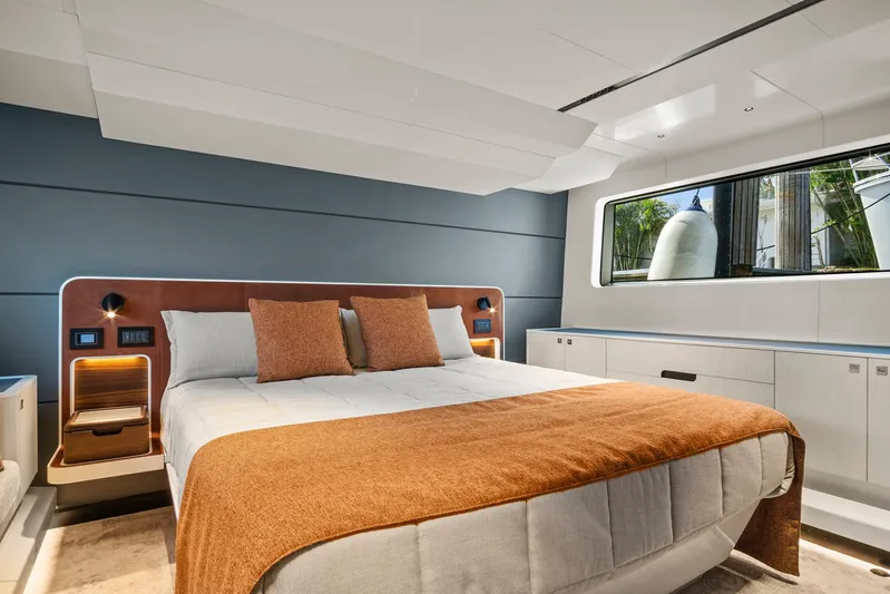 My Way Yacht Photos Pics Luxurious 2023 Astondoa AS5 yacht bedroom with modern design and large window.