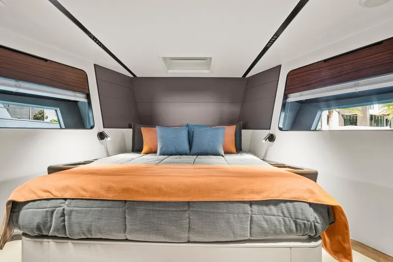 My Way Yacht Photos Pics Luxurious 2023 Astondoa AS5 yacht bedroom with modern design and cozy bedding.