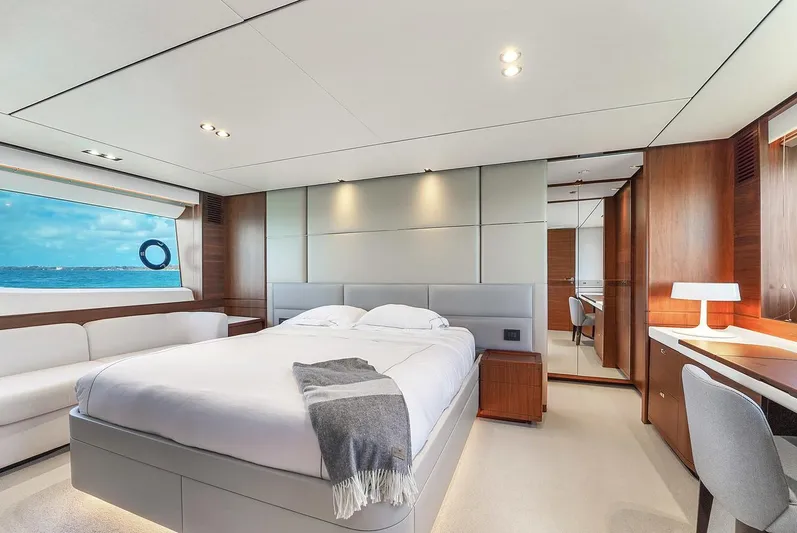  Yacht Photos Pics Luxurious bedroom on the 2021 Princess Y78 yacht with ocean view.