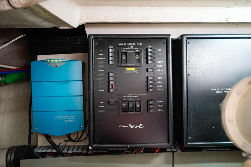  Yacht Photos Pics Electrical panel of a 2000 Sea Ray 510 Sundancer yacht, featuring control switches and wiring.