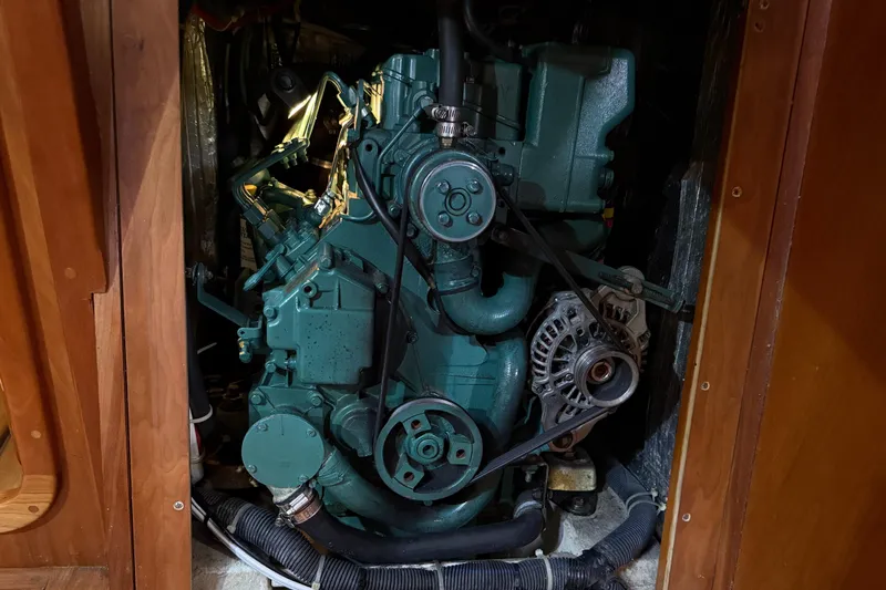 Nino Yacht Photos Pics Engine compartment of a 2007 Tartan 4100 sailboat, showcasing mechanical components.