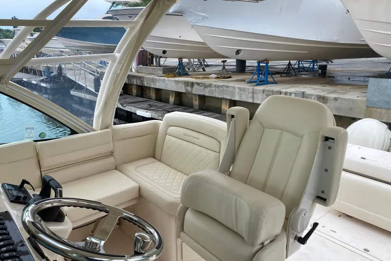  Yacht Photos Pics Luxurious interior of 2022 Grady-White Express 370 boat at marina.