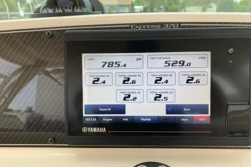  Yacht Photos Pics Dashboard of 2022 Grady-White Express 370 showing trip data and fuel usage.