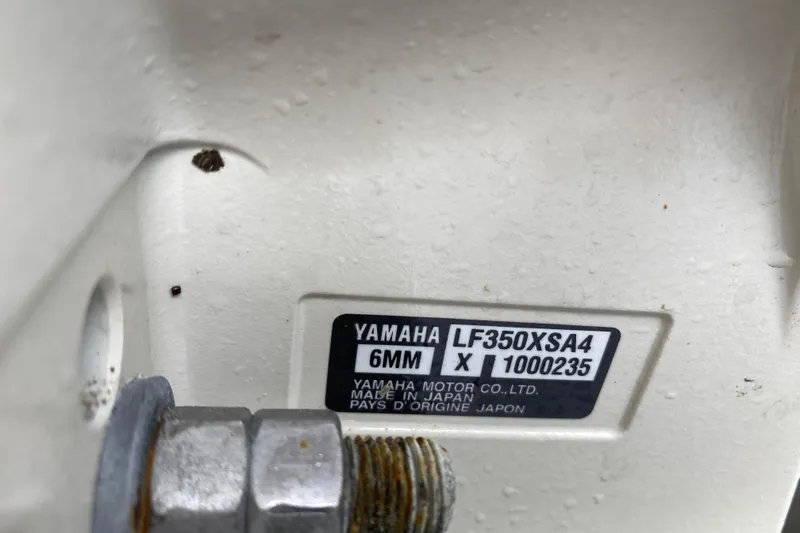  Yacht Photos Pics Yamaha motor label on a 2022 Grady-White Express 370 boat, model LF350XSA4.