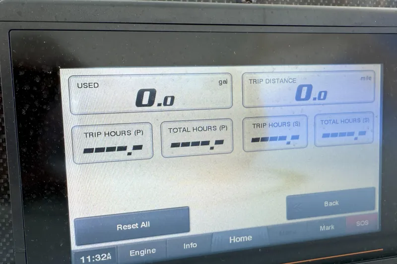 336-311 Brokerage Ron Yacht Photos Pics Dashboard display of a 2018 Grady-White Canyon 336 boat showing trip data.