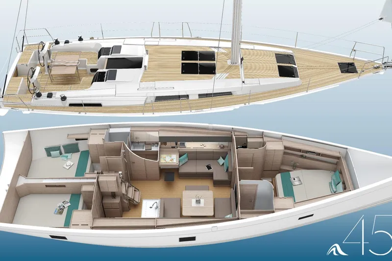  Yacht Photos Pics 2025 Hanse 458 yacht with detailed deck and interior layout.
