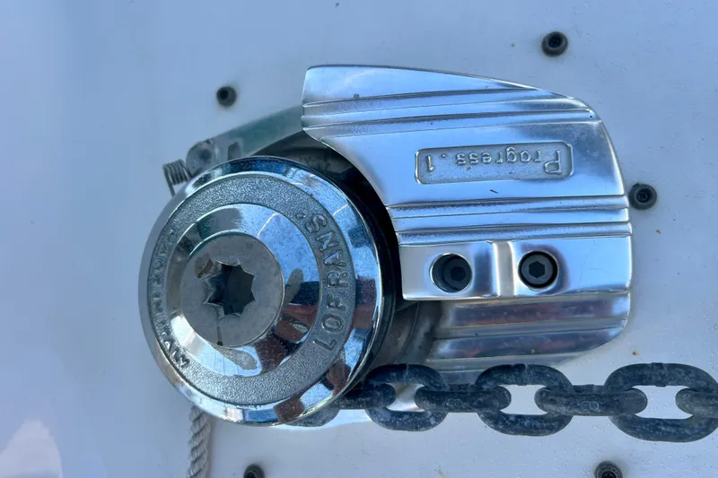 Get Nuts Yacht Photos Pics Anchor windlass on 2000 Sea Ray 400 Sedan Bridge boat deck.