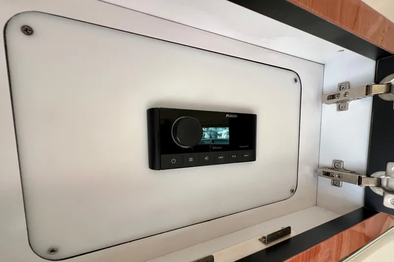 Get Nuts Yacht Photos Pics Fusion stereo system installed in a 2000 Sea Ray 400 Sedan Bridge cabinet.