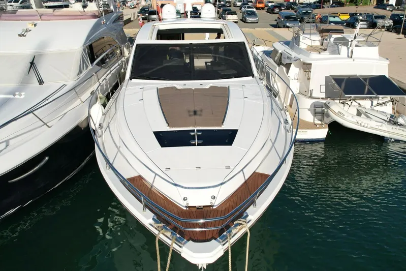  Yacht Photos Pics 2013 Fairline Targa 62 GT yacht docked at marina, aerial view.