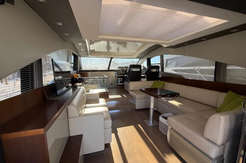  Yacht Photos Pics Luxurious interior of 2013 Fairline Targa 62 GT yacht with modern seating and sleek design.