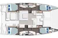 2020 Leopard 45 catamaran layout with four cabins and bathrooms.