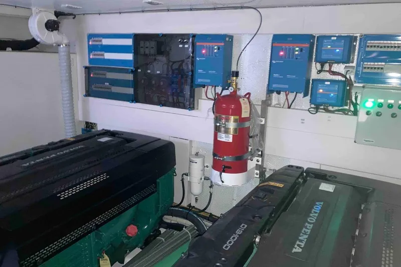  Yacht Photos Pics Engine room of 2023 Galeon 640 Fly yacht with Volvo Penta engines and control systems.