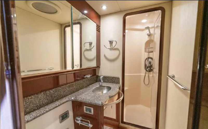  Yacht Photos Pics Luxurious bathroom in 2008 Sea Ray 58 Sedan Bridge yacht with modern fixtures and shower.