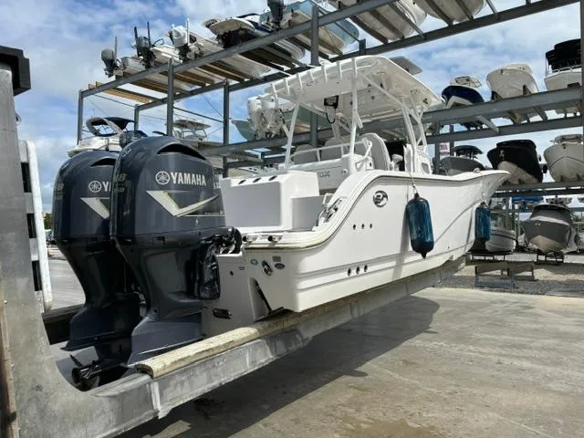328 Sea Fox Commander Yacht Photos Pics 2020 Sea Fox Commander 328 boat with Yamaha engines in storage facility.