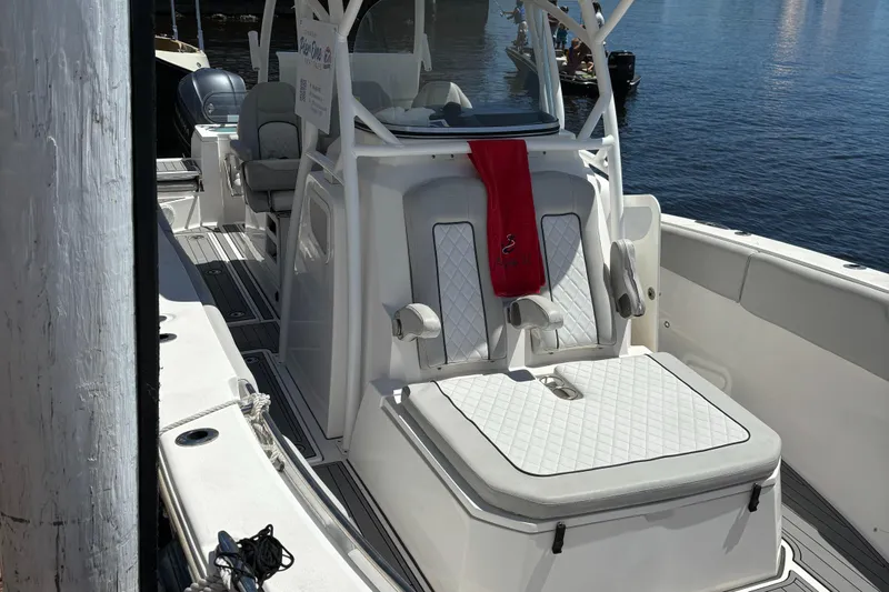 328 Sea Fox Commander Yacht Photos Pics 2020 Sea Fox Commander 328 boat docked, featuring comfortable seating and sleek design.