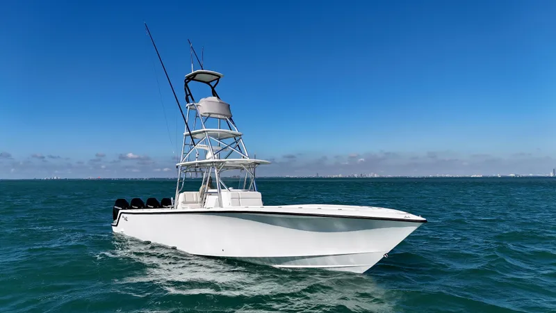  Yacht Photos Pics 2017 SeaVee 390Z boat on open water under clear blue sky.