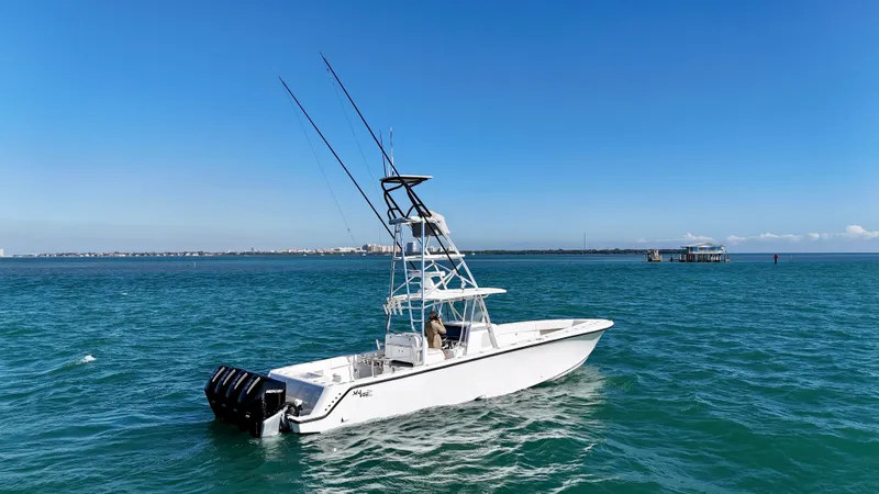  Yacht Photos Pics 2017 SeaVee 390Z boat on open water under clear blue sky.