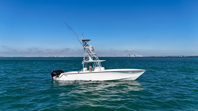  Yacht Photos Pics 2017 SeaVee 390Z boat on open water under clear blue sky.