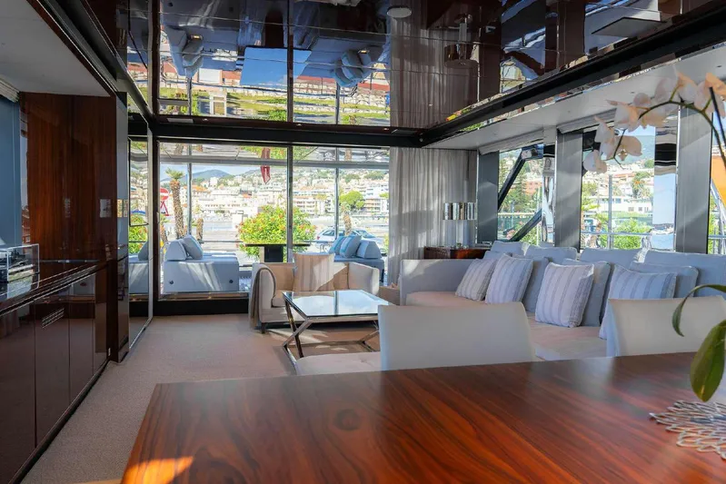 Clarity Yacht Photos Pics Luxurious interior of 2022 Riva 90' Argo yacht with elegant seating and panoramic views.