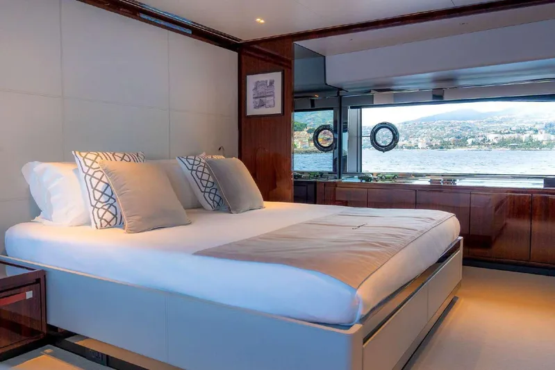Clarity Yacht Photos Pics Luxurious bedroom interior on 2022 Riva 90' Argo yacht with scenic ocean view.