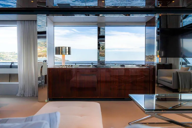 Clarity Yacht Photos Pics Luxurious interior of 2022 Riva 90' Argo yacht with ocean view.