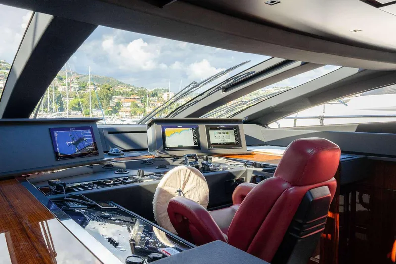 Clarity Yacht Photos Pics Luxurious helm of 2022 Riva 90' Argo yacht with advanced navigation systems.