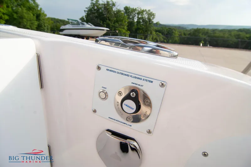  Yacht Photos Pics 2023 Fountain 34 CC boat with Reverso outboard flushing system, Big Thunder Marine logo.